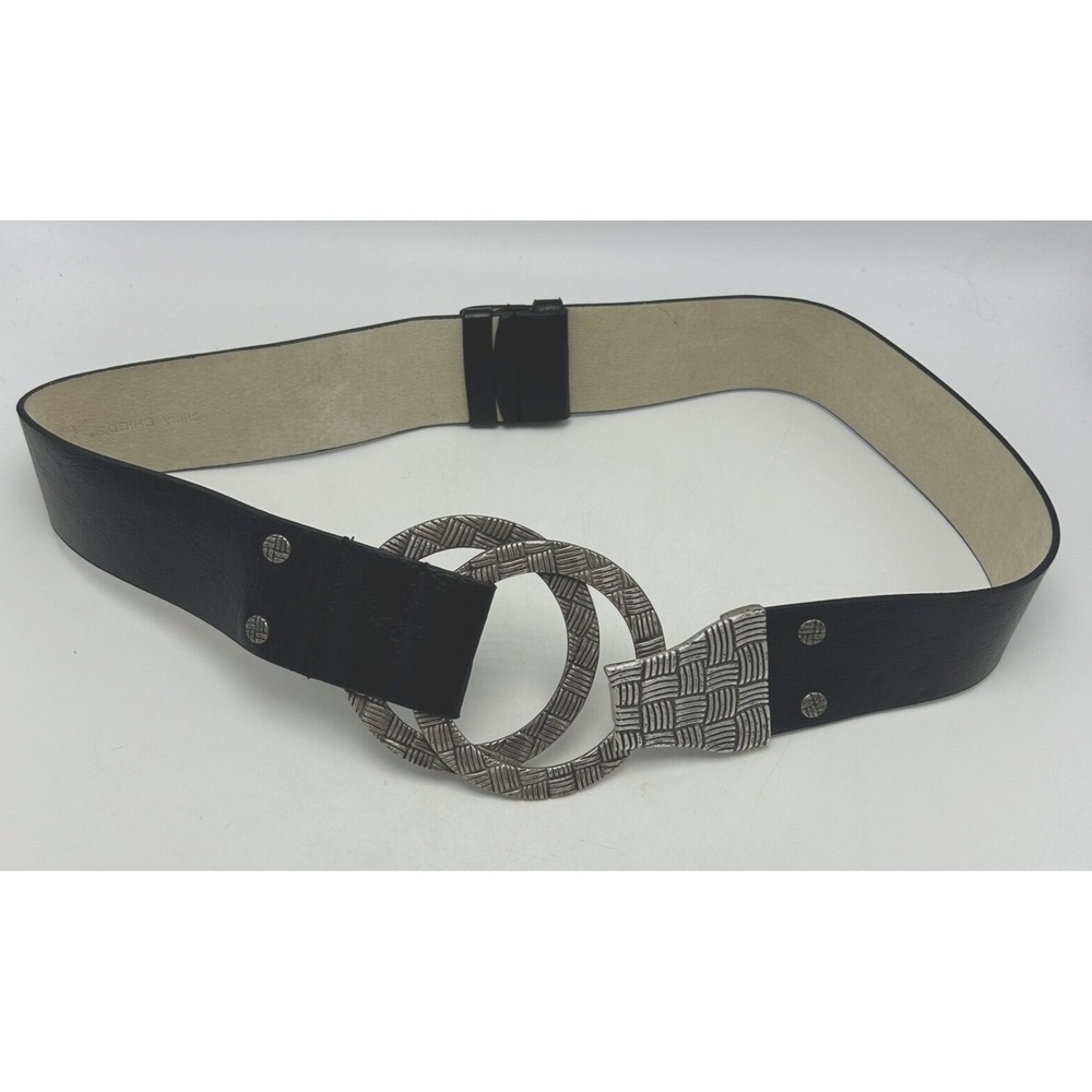 Statement Belt Womans S M Big Buckle Black Textured Chunky Silver Tone Read